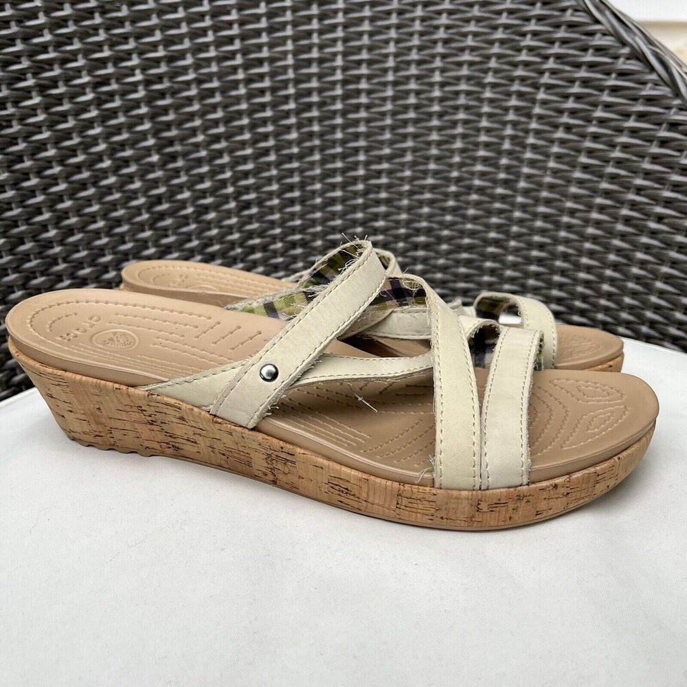 CROCS Women's A Leigh Leather Mini Cork Wedge Sandals, White- Size 11